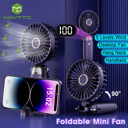 Portable Rechargeable Hand Fan with LED Digital Display & 5-Speed Cooling