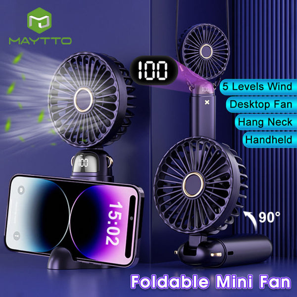 Portable Rechargeable Hand Fan with LED Digital Display & 5-Speed Cooling