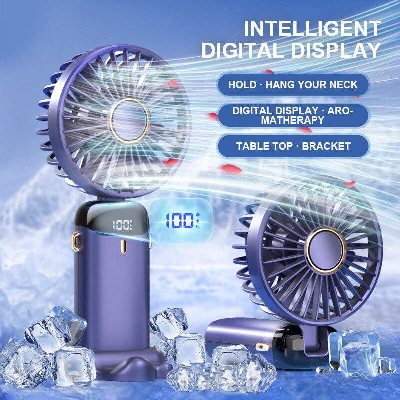 Portable Rechargeable Hand Fan with LED Digital Display & 5-Speed Cooling
